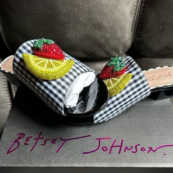 Betsey Johnson Black and White Gingham Sandals with Strawberry Appliqué - Picture 8 of 9